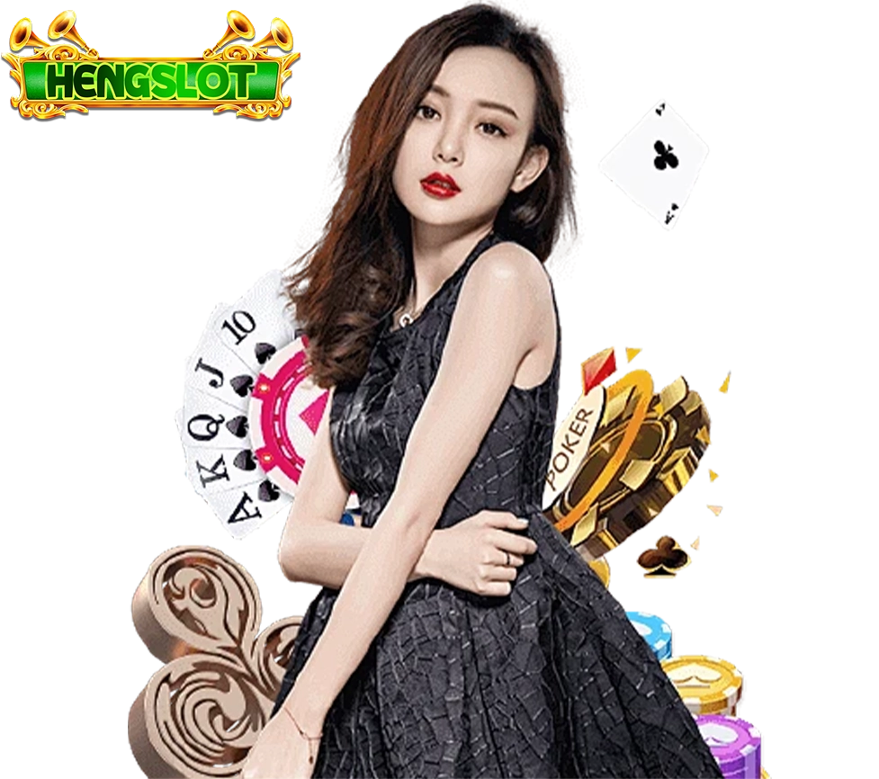 HENGSLOT ดีลเลอร์สาวในชุดดำ พร้อมอุปกรณ์คาสิโน ชิป ไพ่ และโป๊กเกอร์สไตล์พรีเมียม