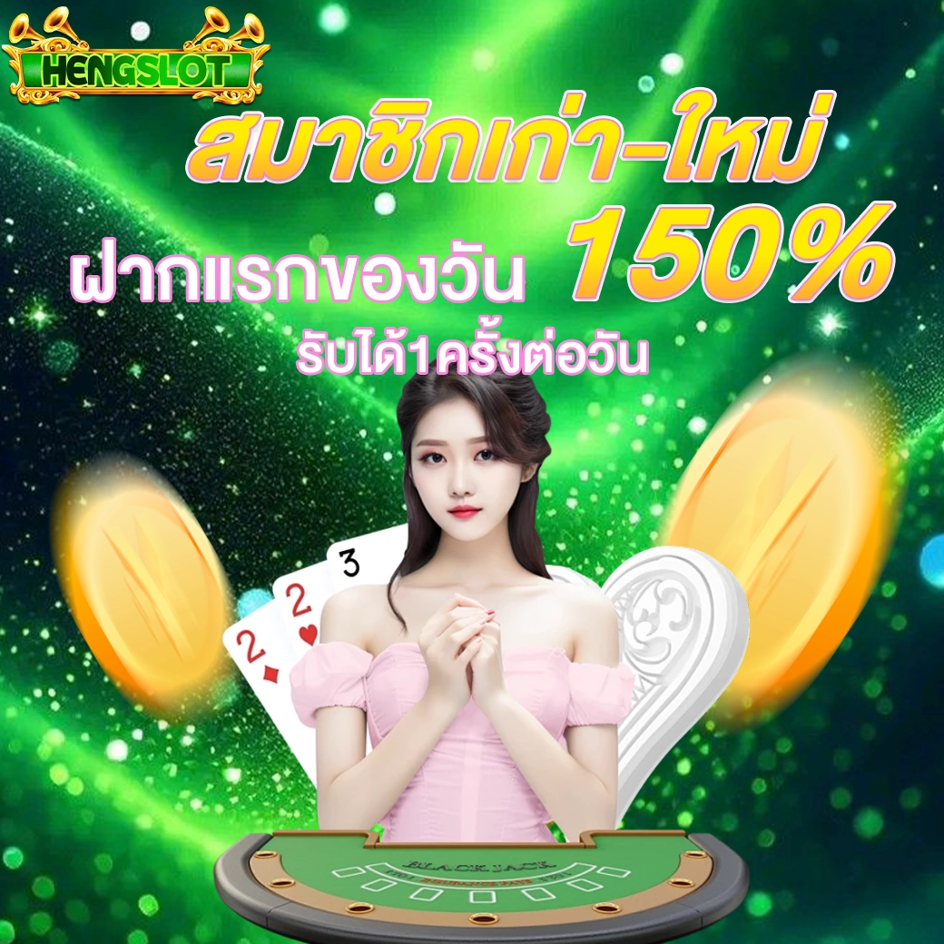 โปรสมาชิกเก่าใหม่ HENGSLOT ฝากแรกของวันรับ 150 เปอร์เซ็นต์ พร้อมภาพสาวคาสิโนพื้นหลังสีเขียว